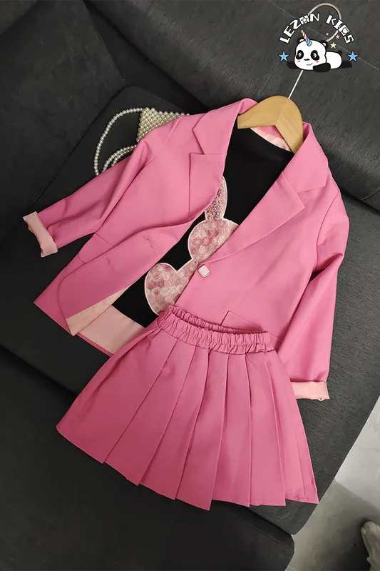 LEZONKIDS - Custom Kids Two-Piece Set Pleated Cotton Blazer Dot Pattern Girls Skirt for 2-14 Year Olds